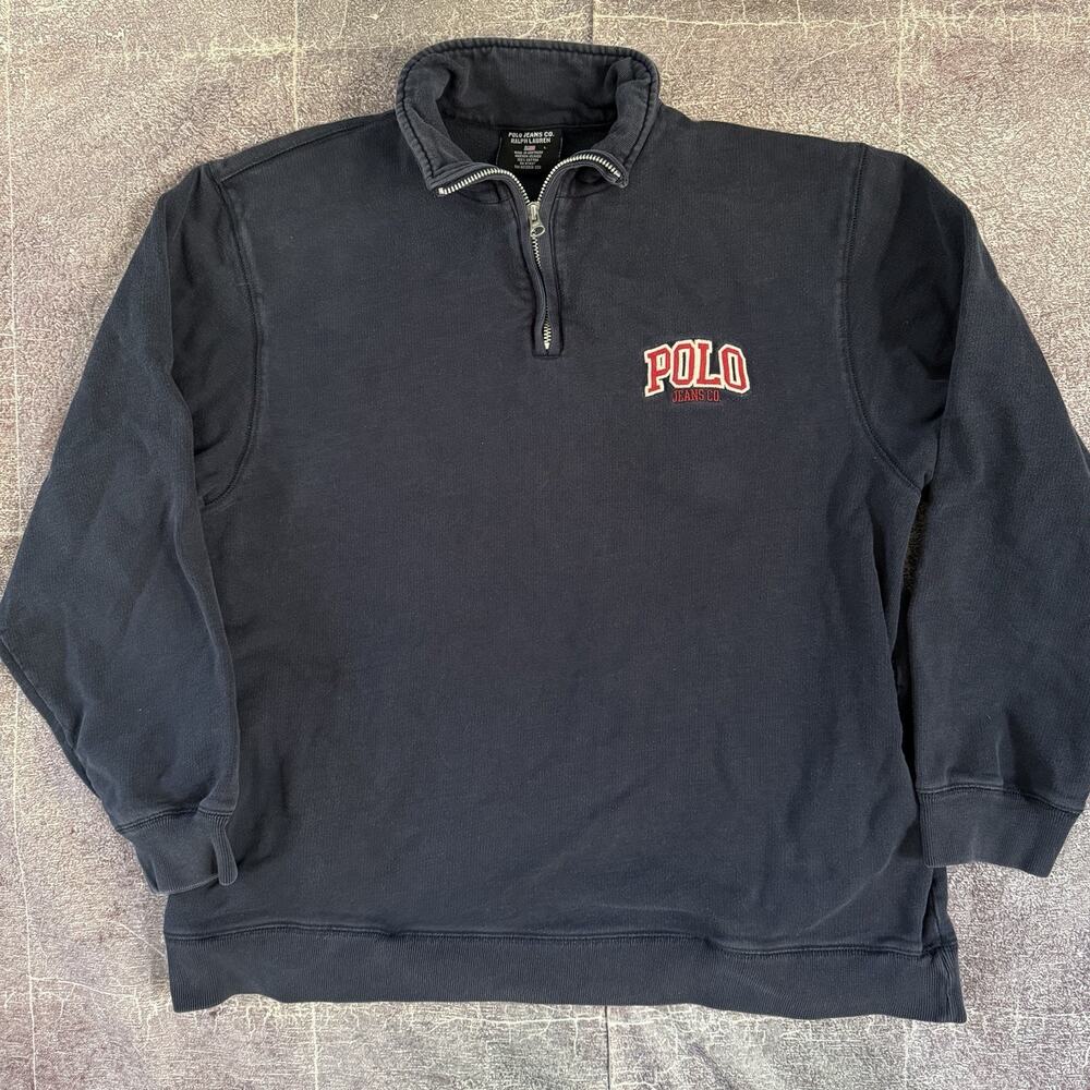 Men’s Vintage Y2K Polo Ralph Lauren Jeans Co Navy Blue 1/4 Zip Sweatshirt Sz L